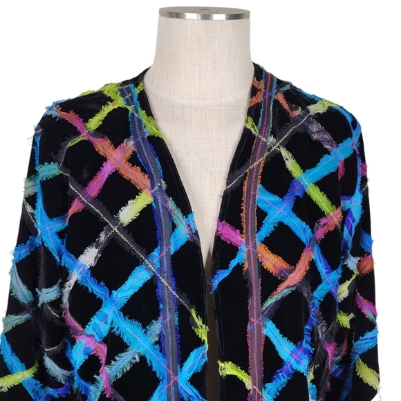 Chicos Open Blazer Size 1 M 8 Abstract Vibrant Rainbow Colors Silk Blend Lined - Picture 2 of 13